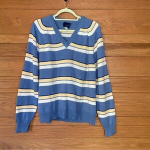 Vintage 70s Sigallo blue yellow white striped v-neck sweater
